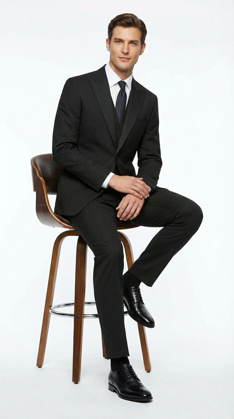 Vitali Mens Black Tone on Tone Shadow Stripe Vested Suit Set – 3 Piece Modern Fit Pinstripe Two Buttons Modern Fit