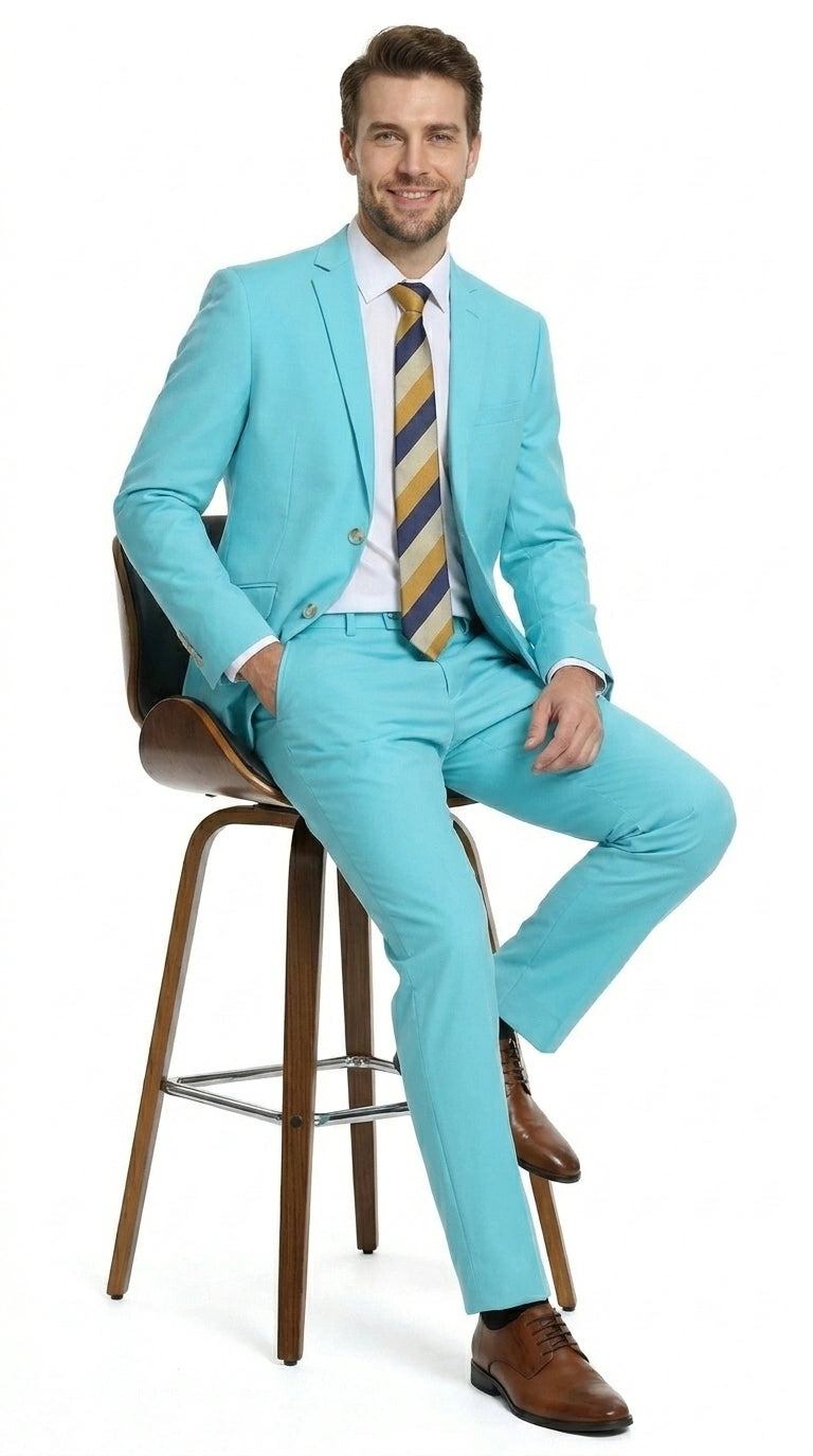 Men’s Aqua Blue 2 Piece 2 Button Suit, Formal Dress Suit for Weddings, Prom, Parties, Summer Events, Turquoise Light blue Modern Fit