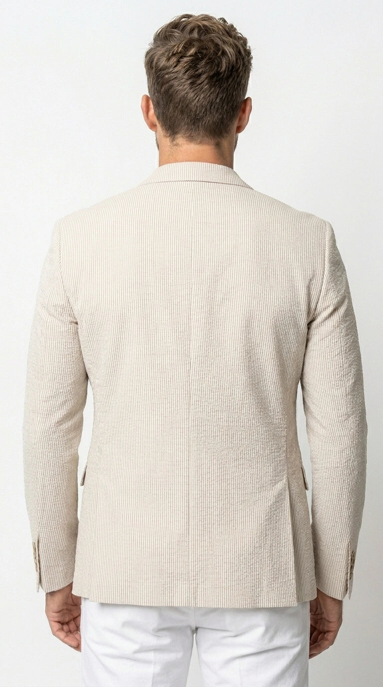 Men’s Beige Seersucker Summer Blazer, Lightweight Striped Sport Coat for Weddings, Parties, Beach Events in Tan Color