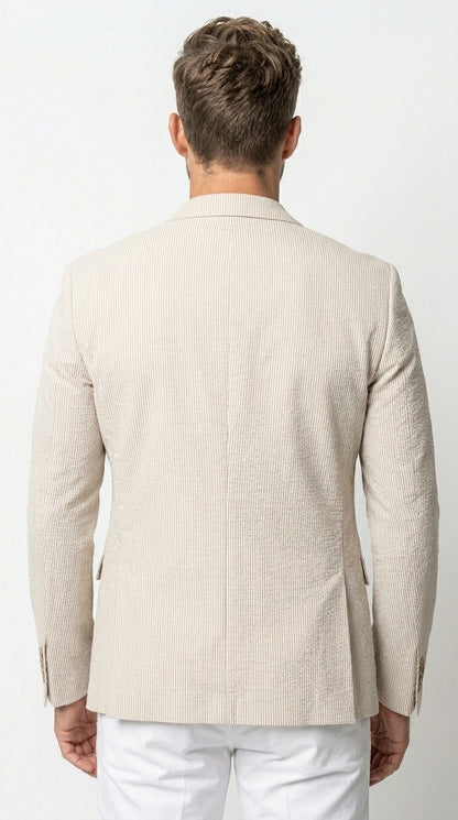 Men’s Beige Seersucker Summer Blazer, Lightweight Striped Sport Coat for Weddings, Parties, Beach Events in Tan Color