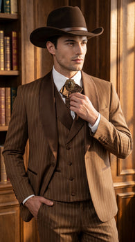 Men’s Brown Pinstripe Western Cowboy Tuxedo, Contrast Shawl Lapel Formal Suit for Weddings, Prom, Parties, and Special Occasions