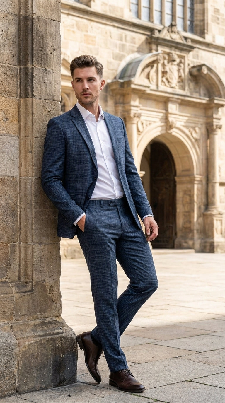 Men's Blue Micro Check Hounstooth small windowpane plaid  3-Piece Suit – Vested Slim Fit Business, Wedding & Formal Suit