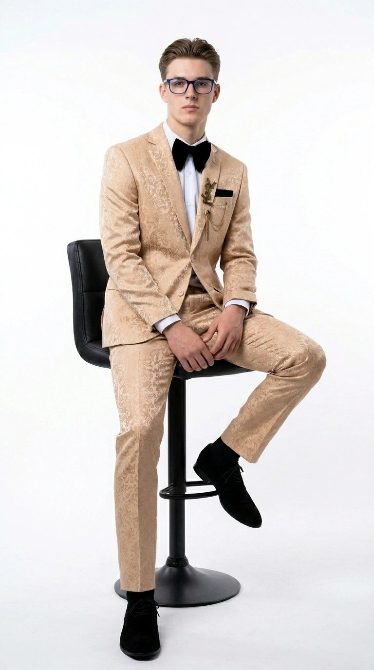 Men’s Champagne Gold Paisley Prom Tuxedo, Formal Dinner Suit for Prom, Weddings, Parties in Tan Color