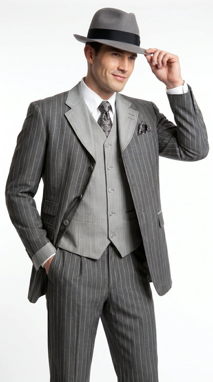 Men’s Grey Pinstripe 1920s Gangster 3 Piece Suit, Contrast Lapel Vintage Formal Suit for Parties, Prom, Weddings, and Theme Events Modern Fit