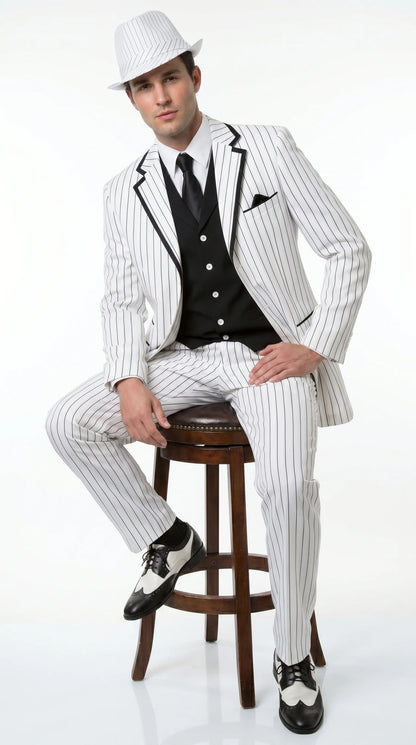 Men’s White Pinstripe 1920s Gangster 3 Piece Suit, Black Contrast Formal Costume Suit for Parties, Prom, Weddings, and Theme Events Modern Fit