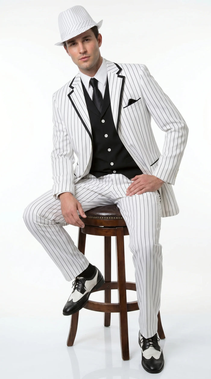 Men’s White Pinstripe 1920s Gangster 3 Piece Suit, Black Contrast Formal Costume Suit for Parties, Prom, Weddings, and Theme Events Modern Fit