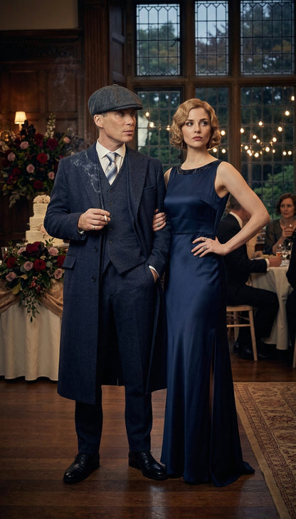 Men’s Navy Blue Herringbone Tweed  1920s 3 Piece Suit with Overcoat – Vintage Peaky Blinder Style Formal Suit Set with Blazer, Waistcoat + Overcoat + Hat