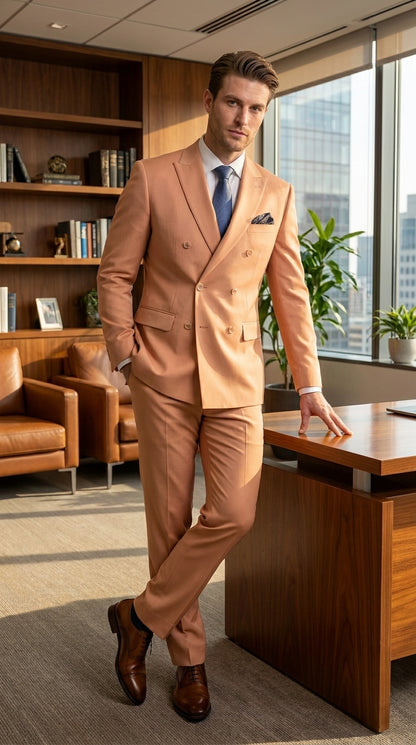 Men’s Peach Double Breasted Suit – Wedding & Prom Formal Suit Set, Classic Blazer and Pants Slim Fitted