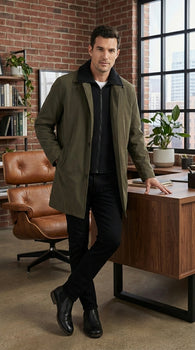 Mens Olive Brown Trench Coat Raincoat – Classic Water Resistant Long Coat with Zip and Button Closure for Business, Travel and Everyday Outerwear