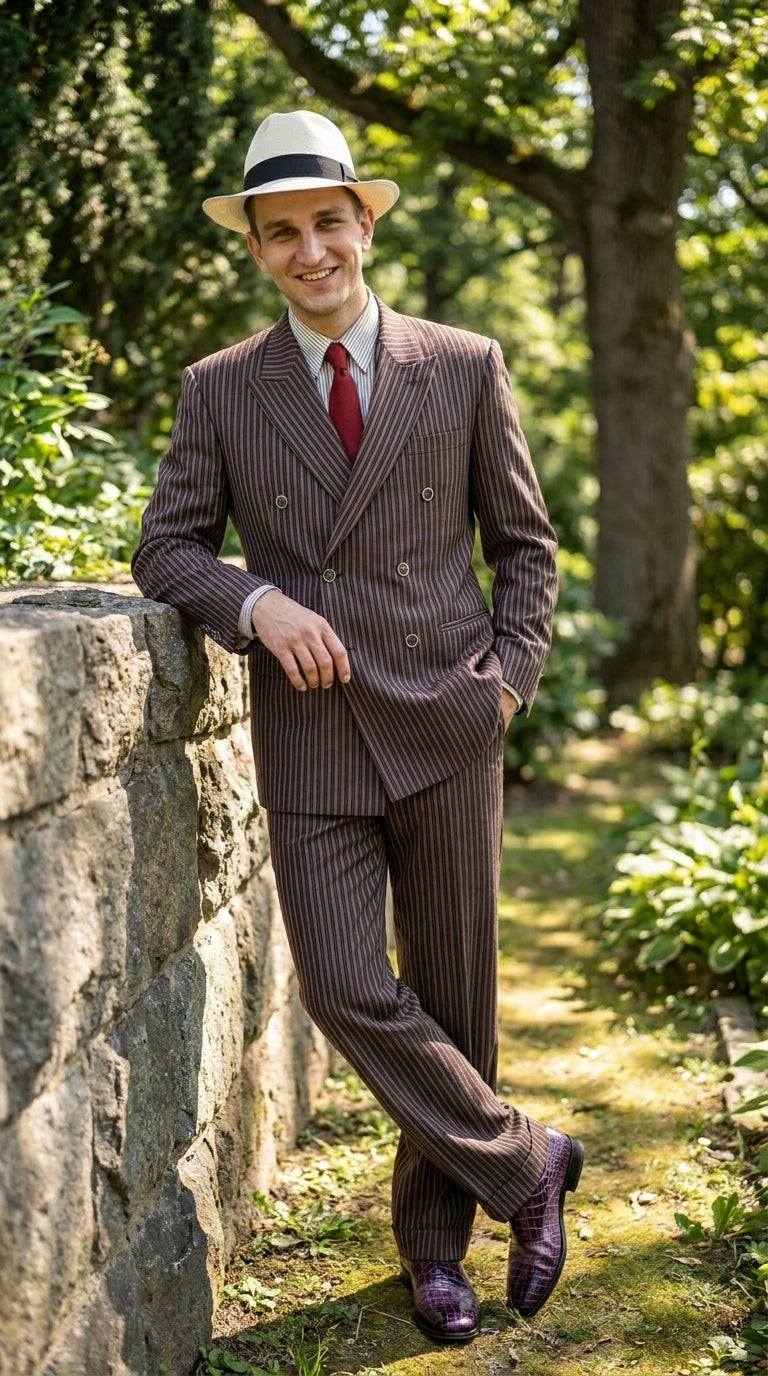 Men’s Brown Pinstripe Bonnie and Clyde Costume Suit – Vintage Gangster 1920s Outfit for Party, Halloween and Themed Events Modern Fit