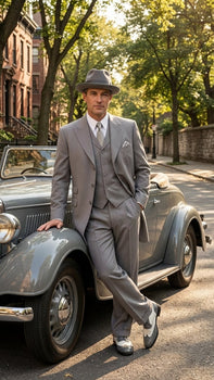 Men’s Gray Zoot Suit with Matching Hat and 1920s Shoes | Grey Vintage Wedding and Party Three Piece Suit