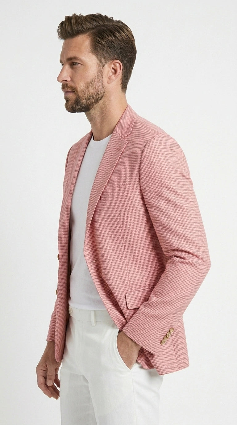 Men’s Red and white Houndstooth Summer Blazer, Lightweight Check Sport Coat for Weddings, Prom, Parties