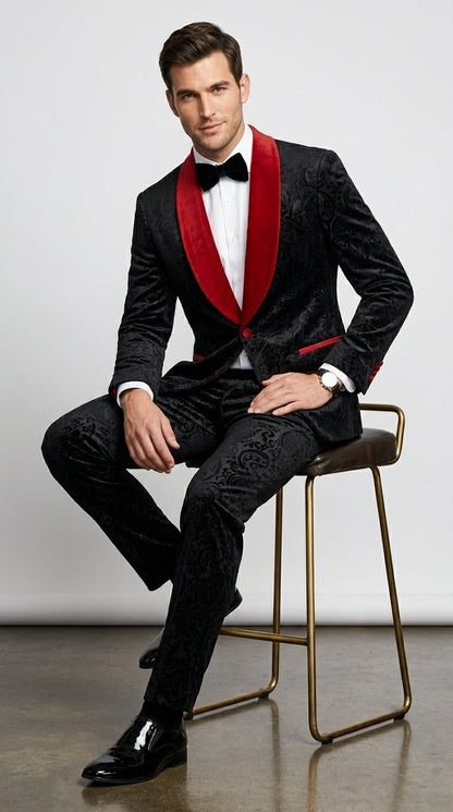 Men’s Black Paisley 2 Piece Suit with Red Shawl Lapel, Formal Wedding Prom Party Suit Set Modern Fit