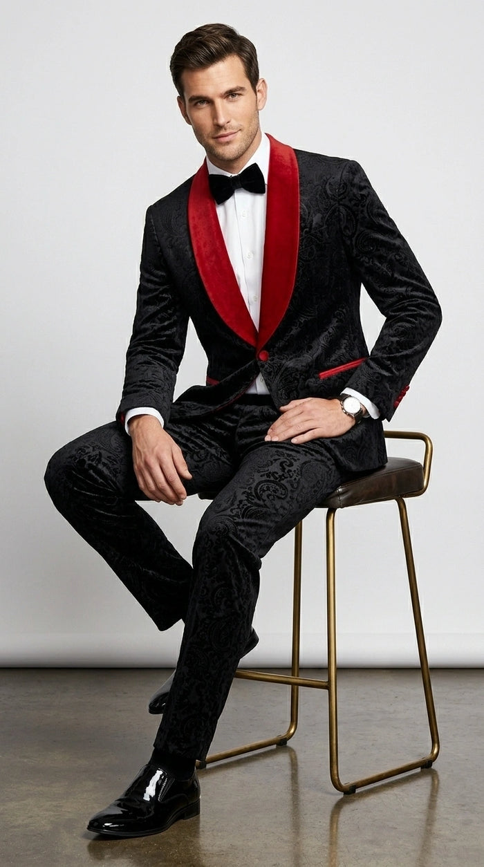 Men’s Black Paisley 2 Piece Suit with Red Shawl Lapel, Formal Wedding Prom Party Suit Set Modern Fit