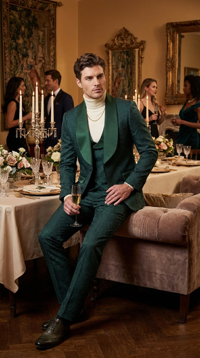 Mens Hunter Green Wedding Tuxedo Suit – Paisley Pattern Three Piece Formal Suit Set with Shawl Lapel for Groom, Prom in Emerald green