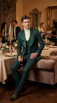 Mens Hunter Green Wedding Tuxedo Suit – Paisley Pattern Three Piece Formal Suit Set with Shawl Lapel for Groom, Prom in Emerald green