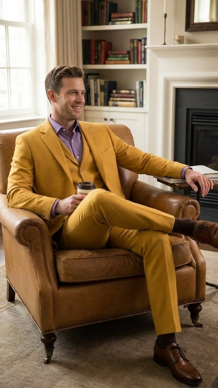 Men’s Mustard Yellow Three Piece Suit | 2 Button Notch Lapel in Gold Color - Church Suit Modern Fit