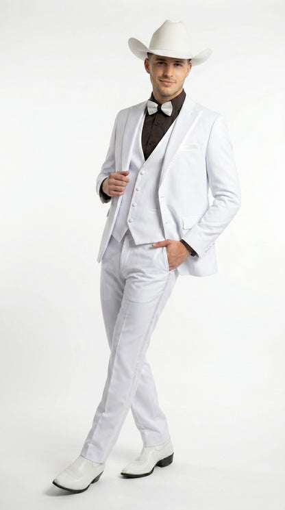 Men’s White Western Cowboy 3 Piece Tuxedo Suit, Formal Wedding Prom Groom Suit Set