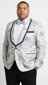 Men’s White and Navy Blue Lapel  Floral Jacquard Blazer with Contrast Shawl Lapel – Luxury Wedding and Party Wear Jacket paisley Tuxedo Navy Pants