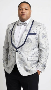 Men’s White and Navy Blue Lapel  Floral Jacquard Blazer with Contrast Shawl Lapel – Luxury Wedding and Party Wear Jacket paisley Tuxedo Navy Pants