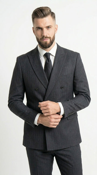 Men’s Black Pinstripe Double Breasted Suit – Classic Formal Business Suit Office and Evening Wear Modern Fit Conservative pattern