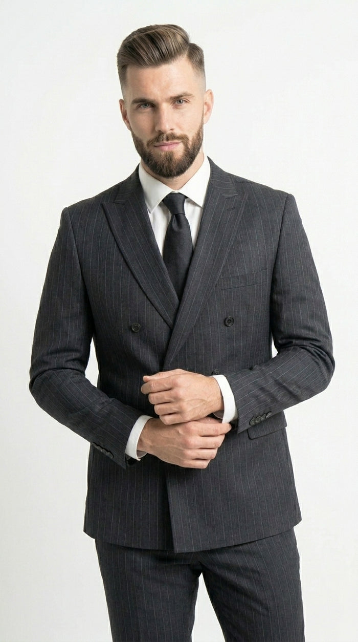 Men’s Black Pinstripe Double Breasted Suit – Classic Formal Business Suit Office and Evening Wear Modern Fit Conservative pattern