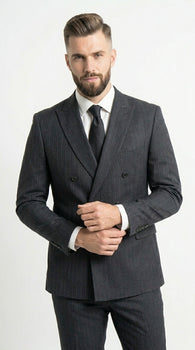 Men’s Black Pinstripe Double Breasted Suit – Classic Formal Business Suit Office and Evening Wear Modern Fit Conservative pattern