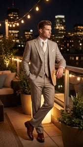Men’s Light Tan Pinstripe 3 Piece Suit with Jacket, Vest, and Pants | Shadow Stripe Tone Tone Pleated Pants Classic