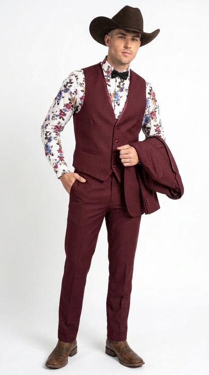 Men’s Burgundy Western Tuxedo Suit, 3 Piece Cowboy Formal Wedding Prom Suit with Satin Trim
