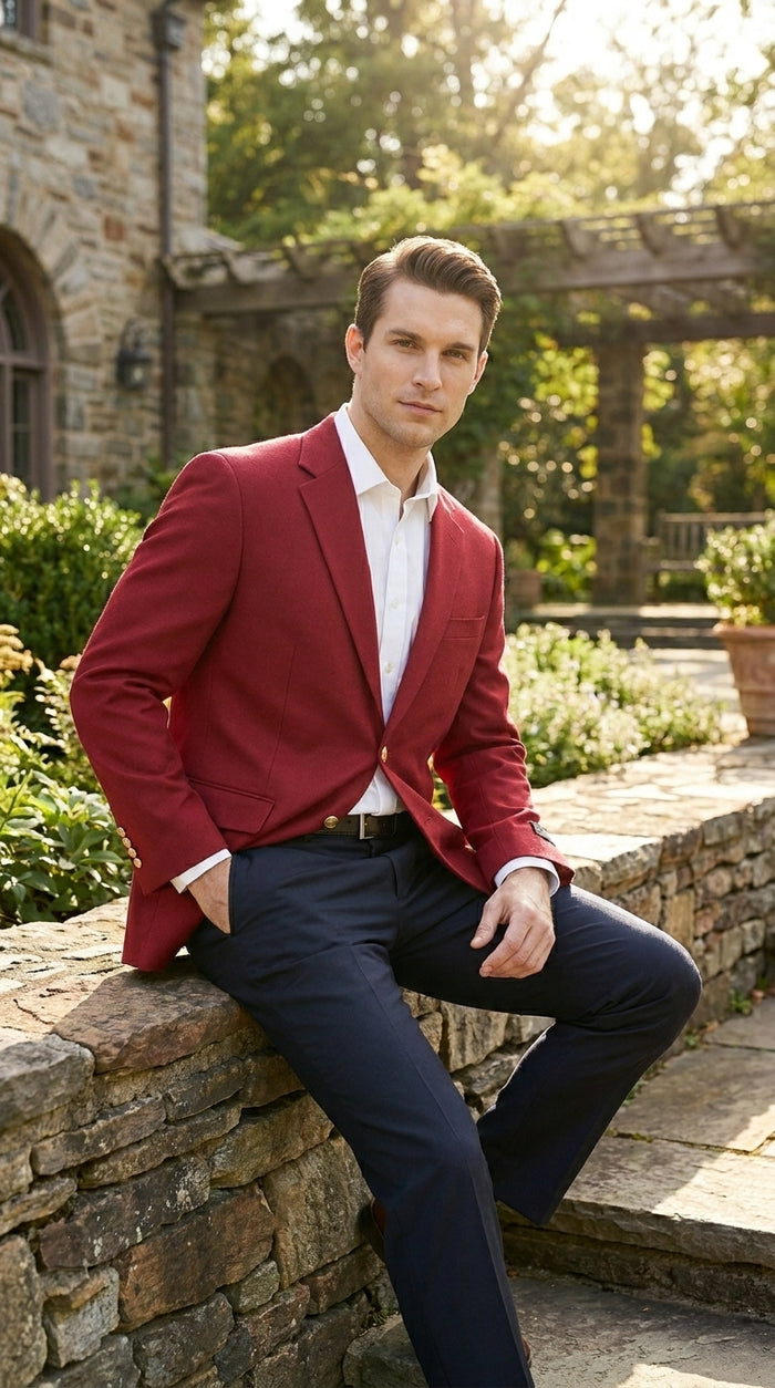 Men’s Burgundy Wine Maroon Dress Casual Blazer with Notch Lapel, Designer Fashion Sportscoat