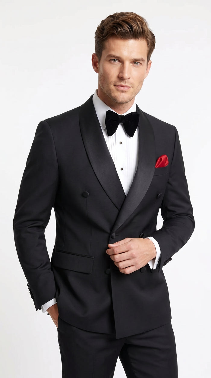 Men’s Black Double Breasted Evening Wear Suit with Satin Shawl Lapel and Red Pocket Square  Modern Fit