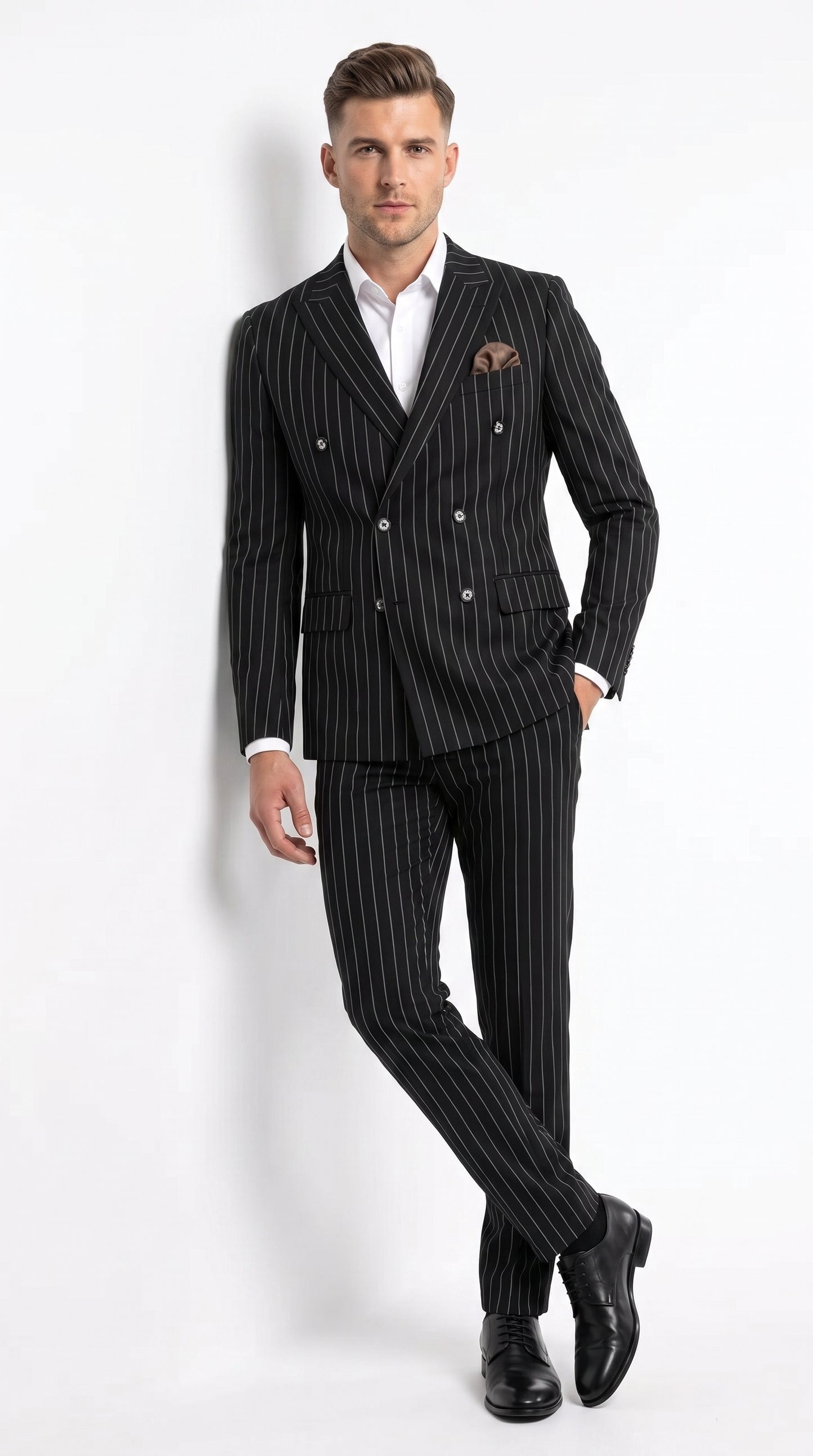 Men's Black Pinstripe Tuxedo Suit – Classic  & 1920s Gangster Formal Wear Vintage 1940s 1930s Look