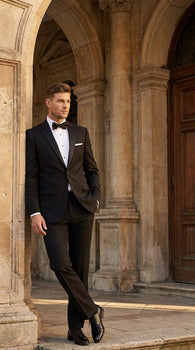 Men’s Black Uniform Tuxedo – One-Button Satin Lapel Formal Suit for Weddings, Prom and Events