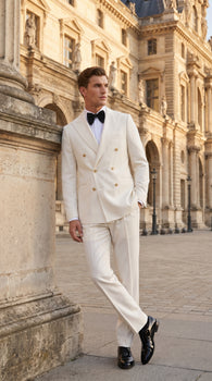 Men’s Ivory Double-Breasted Tuxedo – Gold Button Wedding, Prom and Formal Suit