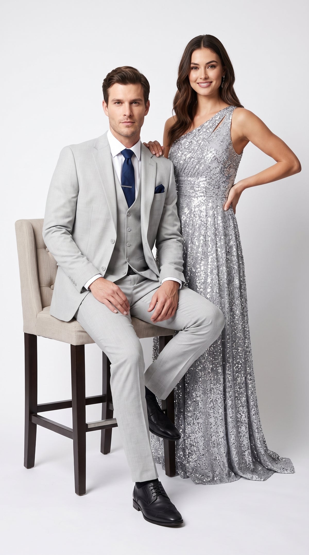 Men’s Silver & Navy Blue 3-Piece Suit – Wedding, Business and Formal Suit with Free Matching Tie  Modern Fit