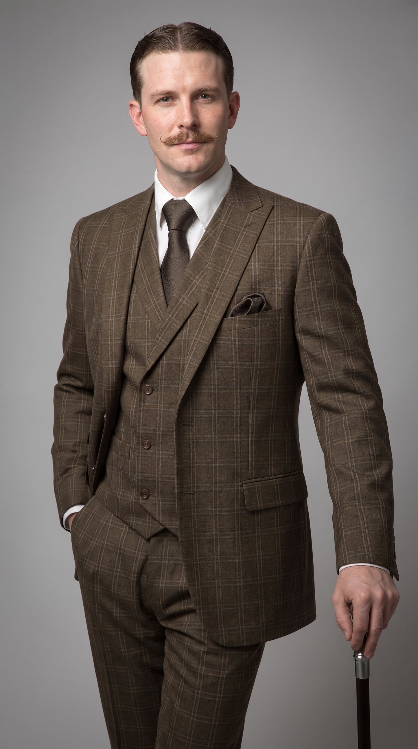 Men’s Edwardian Brown Plaid 3-Piece Suit – Vintage Double-Breasted Vest Wedding and Formal Suit Modern Fit