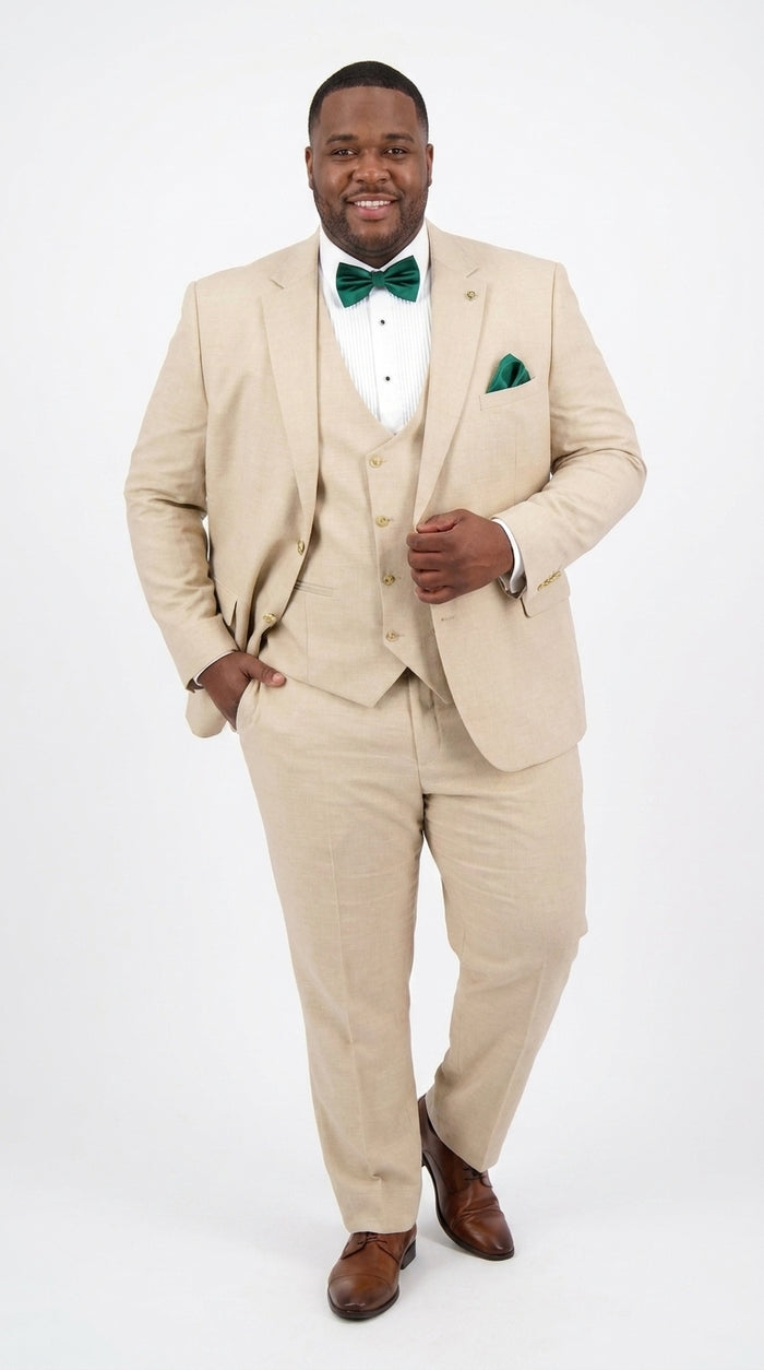 Men’s Khaki Tan 3-Piece Groomsmen Suit – Wedding Suit with Double-Breasted Vest and Pants Great Gatsby Style Gold buttons Modern Fit