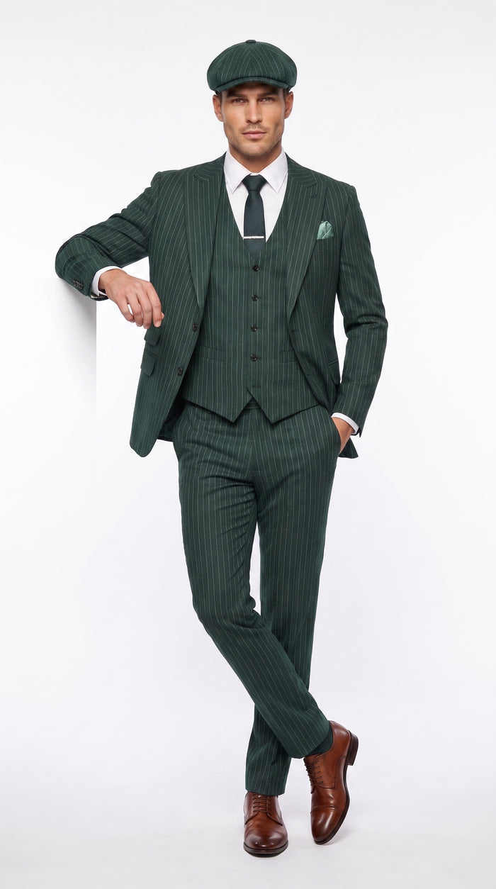 Men’s Hunter Green Pinstripe 3-Piece Suit – Vintage Wedding, Prom and Formal Suit with Matching Vest Modern Fit