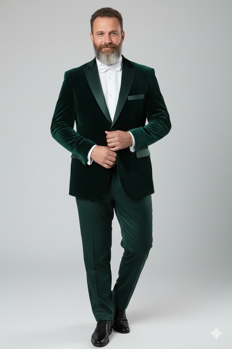 Men’s Dark Green Velvet Tuxedo Dinner Jacket – Slim Fit Formal Blazer with Satin Peak Lapel Lape