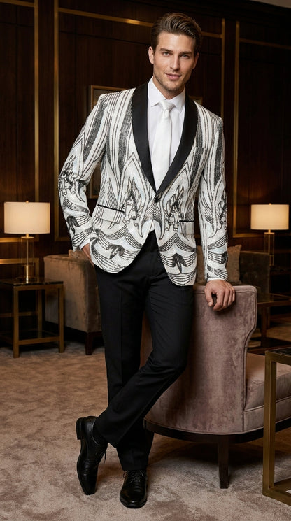 Men’s White and Black Patterned Tuxedo Blazer – Luxury Designer Dinner Jacket for Wedding, Prom and Formal Events New Year Christmas Holiday