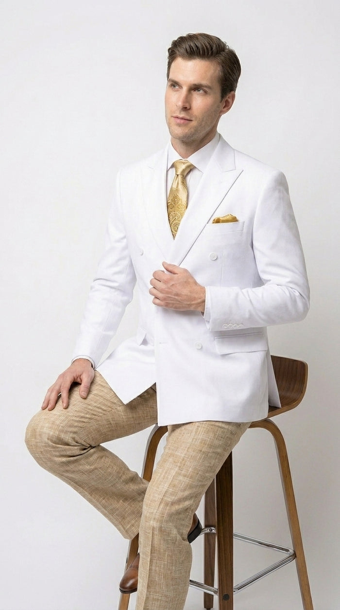 Men’s White Double Breasted Blazer, Formal Dress Jacket for Weddings, Prom, Parties, Dinner Events, and Special Occasions