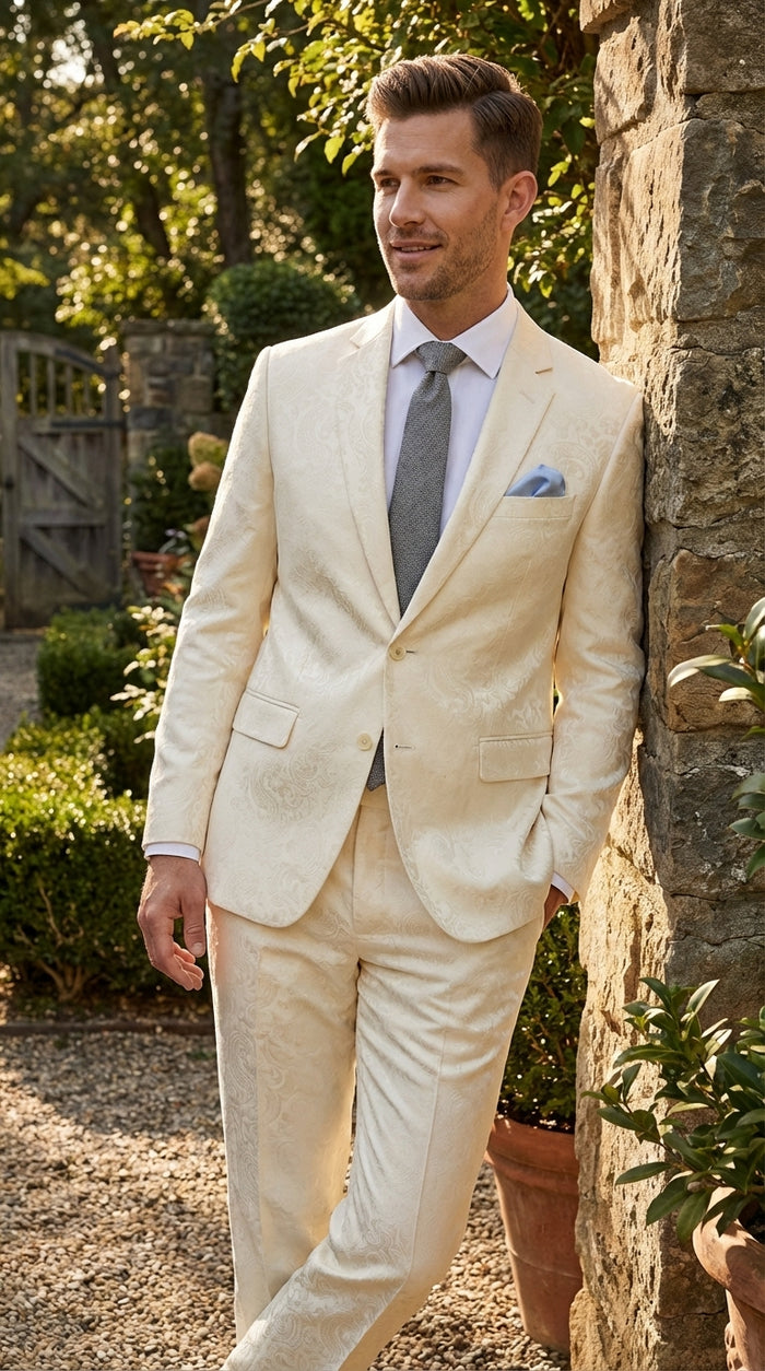 Men’s Ivory Paisley Shiny Suit – Flroal Formal Wedding and Prom Suit for Party, in Cream Off White Modern Fit