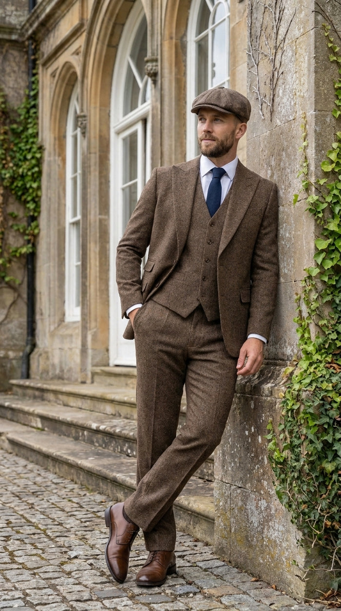 Peaky Blinder Men’s Brown Tweed 3-Piece Suit – Vintage Wedding, Business and Formal Suit  with Matching Vest and Pants Modern Fit