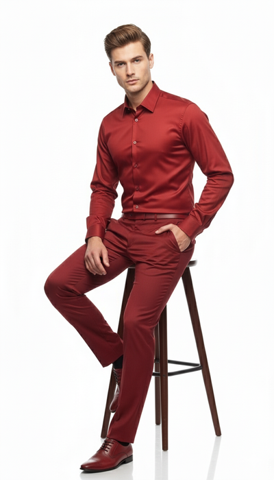 Men’s Red Satin Dress Shirt – Luxury Long Sleeve Formal Shirt for Parties, Weddings, and Business Wear