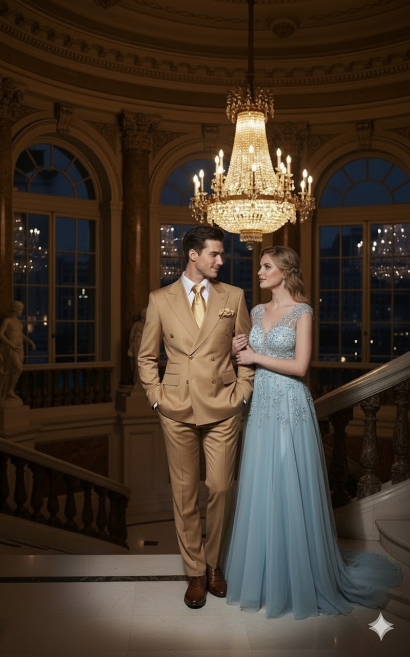 Mens Camel - Bronze - Goldish khaki Double-Breasted Suit – Luxury 2-Piece Formal Set with Gold Buttons and Peak Lapels by Rossi Man - Image 6
