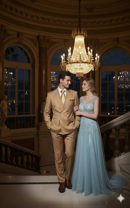 Mens Camel - Bronze - Goldish khaki Double-Breasted Suit – Luxury 2-Piece Formal Set with Gold Buttons and Peak Lapels by Rossi Man - Image 6