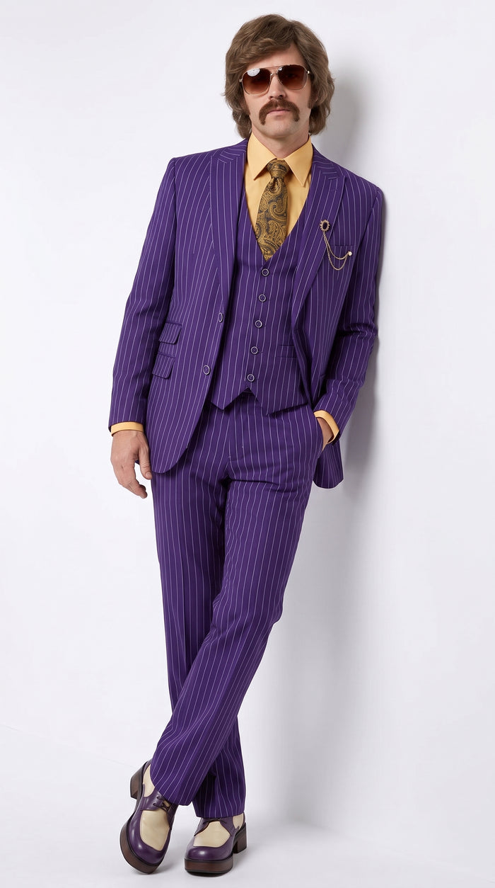 Men’s Purple Pinstripe 3-Piece Suit – 1970s Disco, Pimp, Retro Rockabilly and Party Suit Modern Fit