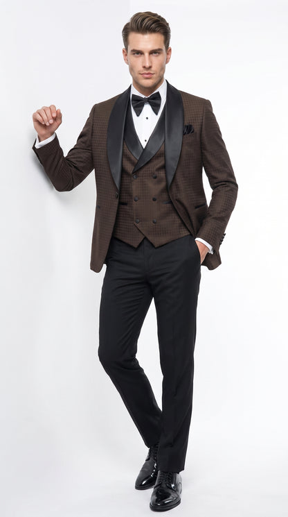 Men’s Chocolate Brown Tuxedo Suit – 3 Piece Shawl Lapel Wedding, Prom and Formal Dinner Tuxedo