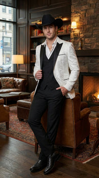 Men’s White Paisley Cowboy Tuxedo with Black Satin Lapel – Western Formal Wedding Suit Jacket