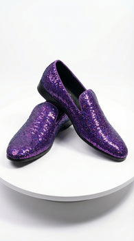 Mens Purple Sequin Dress Shoes Slip on  – Luxury Slip On Formal Loafers Wedding Prom Party Designer Footwear